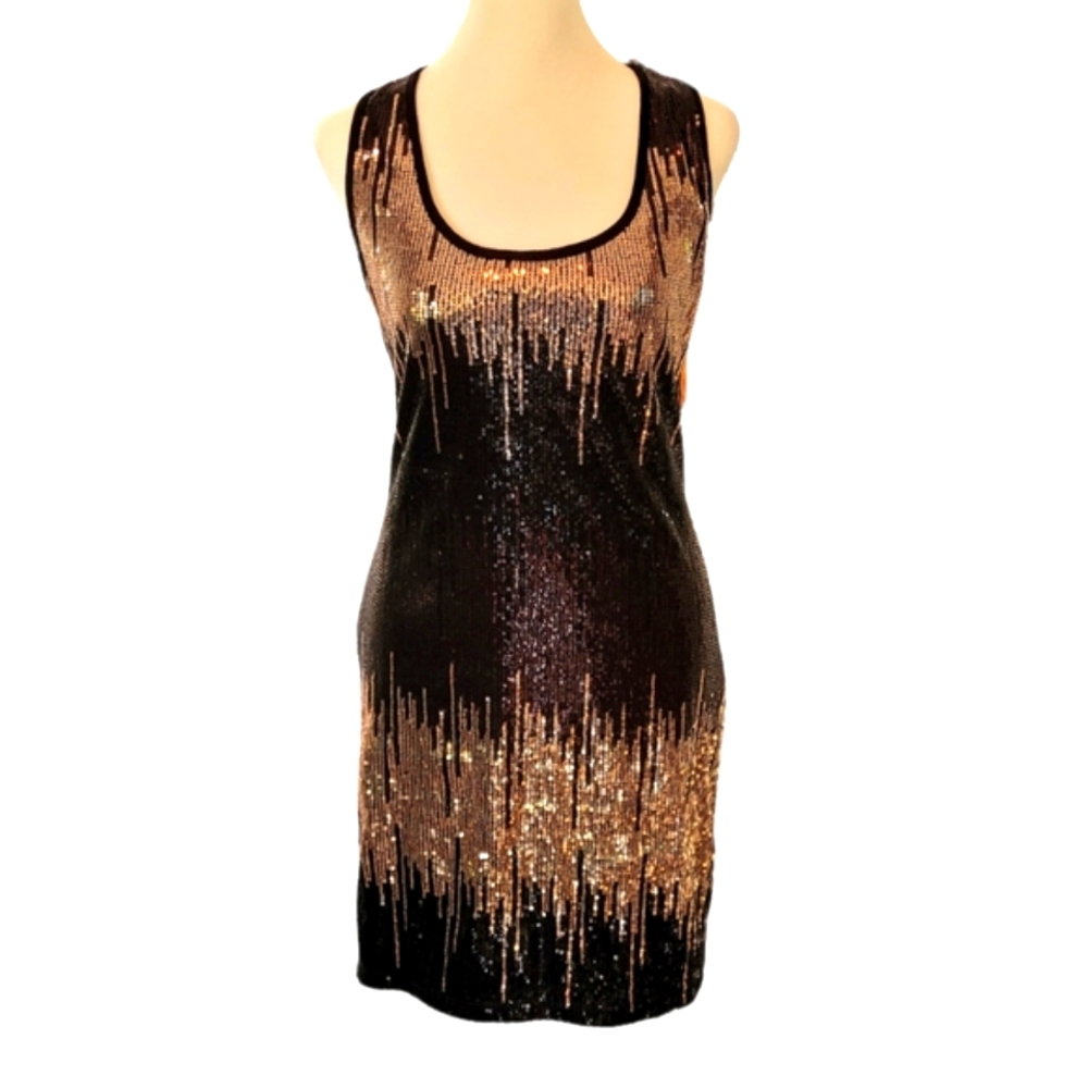 Cameo Sequined Mini Sleeveless Cocktail Party Dress Black & Gold Large